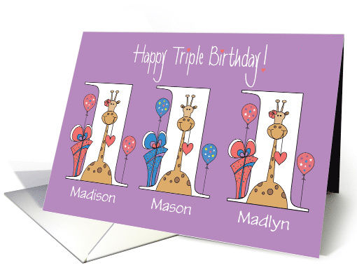 Birthday 1 Year Triplets, 2 girls & 1 boy Custom Names & Giraffes card