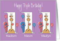 Birthday 1 Year Triplets, 2 girls & 1 boy Custom Names & Giraffes card