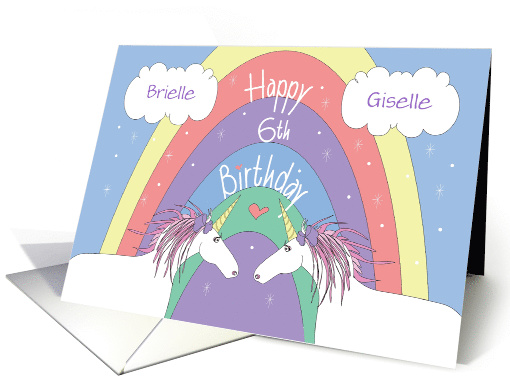 Birthday 6 Year Twins, Magical Unicorns with Custom Names card