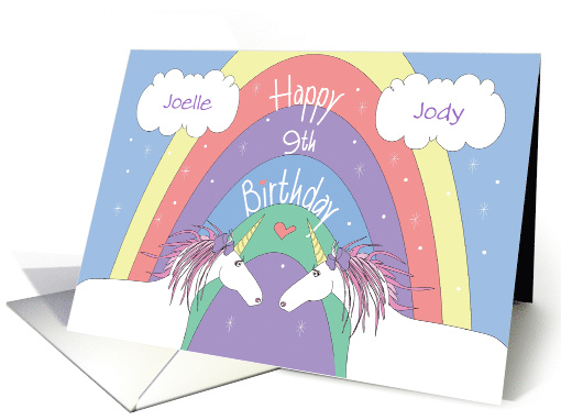 Birthday 9 Year Twins, Magical Unicorns with Custom Names card