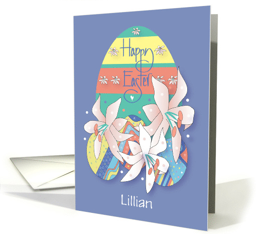 Hand Lettered Easter Egg, Lilies, Decorated Eggs with Custom Name card