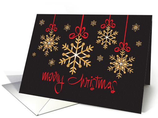 Hand Lettered Merry Christmas, with Golden Snowflakes & Bows card