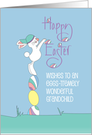 Hand Lettered Easter for Grandchild with White Bunny on Stacked Eggs card