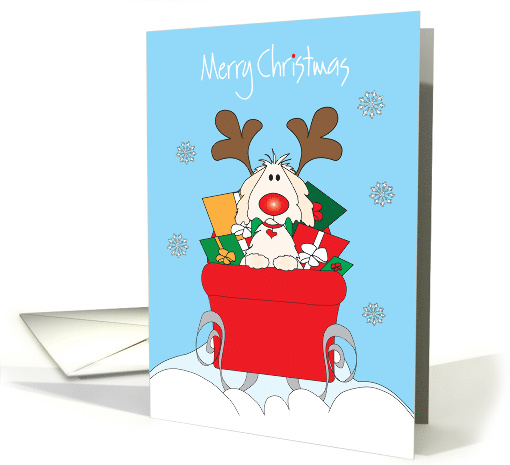 Christmas with Antlered Dog in Red Sleigh, Loaded with Gifts card