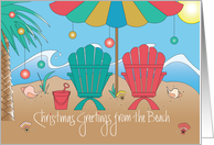 Christmas Greetings from Beach, Beach Chairs & Decorated Palm Tree card