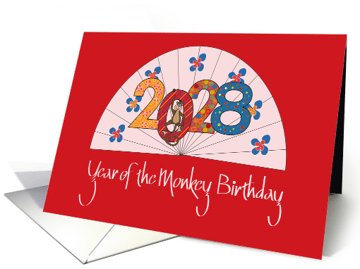Year of the Monkey 2028 Birthday, with Date and Monkey with Fan card