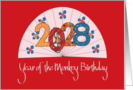 Year of the Monkey 2028 Birthday, with Date and Monkey with Fan card