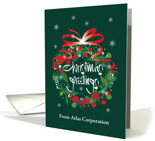Hand Lettered Business Christmas Greetings Wreath, Custom Name card