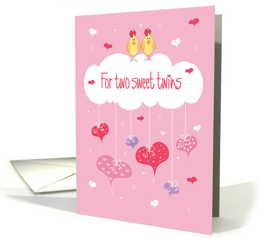 Valentine's for Twin Girls, Birds with Red Bows & Hanging Hearts card