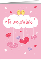 Valentine’s for Twin Boys, Birds on Cloud with Hanging Hearts card