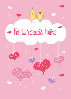 Valentine's for Twin Boys, Birds on Cloud with Hanging Hearts