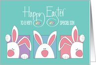 Hand Lettered Easter For Son with Peek-a-Boo White Bunnies and Eggs card