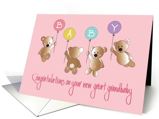 Baby Great Granddaughter Congratulations, Four Bears & Balloons card
