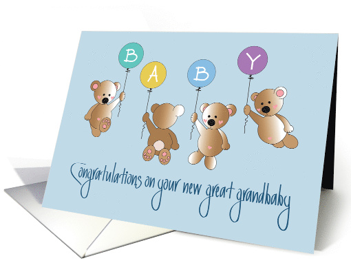 Baby Great Grandson Congratulations, Four Bears & Balloons card