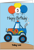 Hand Lettered Monster Truck Birthday for 5 Year Old with Custom Name card