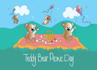 Teddy Bear Picnic Day, Four Bears Picnicing in the Park & Kites