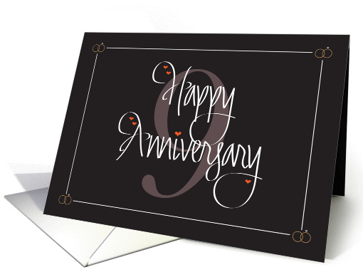 9th Wedding Anniversary, Hand Lettering, Large 9 & Hearts card