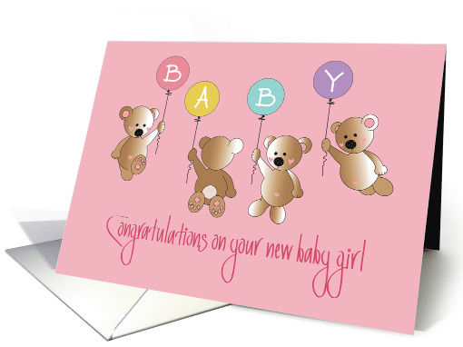 Congratulations on New Baby Girl Daughter, Bears & Balloons card