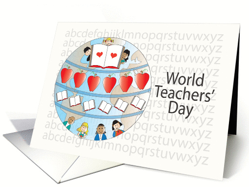 World Teachers' Day, with Books, Apples, Students & World Map card