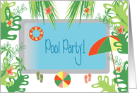 Pool Party Invitation with Tropical Theme Pool Leaves and Flowers card