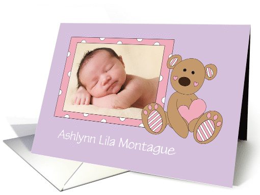 Announcement Baby Girl, Custom Photo & Name, Bear & Frame card