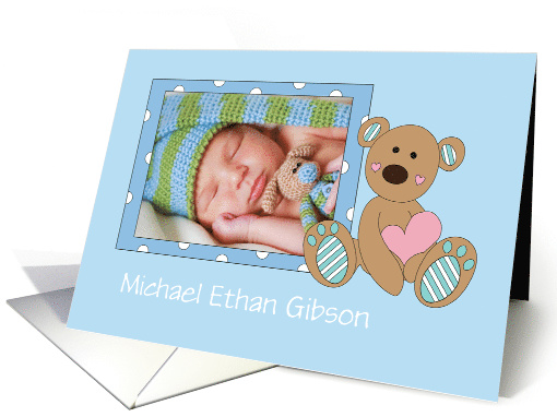 New Baby Boy with Bear and Heart with Custom Photo & Name card