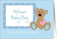 New Baby Boy Congratulations, Bear with Heart & Custom Name card