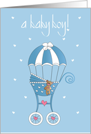 Congratulations Adoption of Baby Boy with Blue Stroller and Parachute card