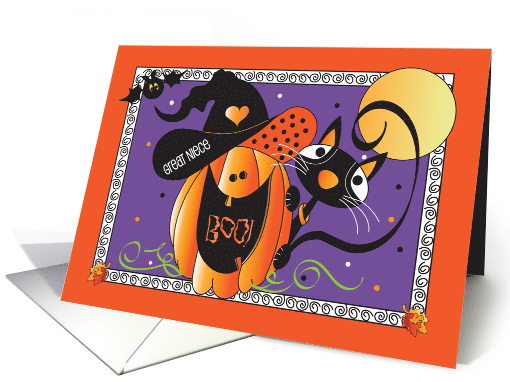 Halloween Great Niece Jack O' Lantern in Witch Hat and Black Cat card