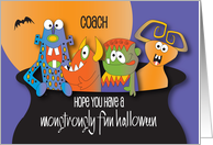 Monstrously Fun Halloween for Coach with Colorful Monsters in Cauldron card