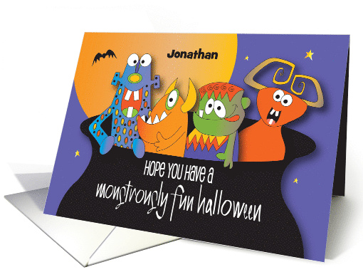 Halloween For Kids Colorful Monsters in Cauldron with Custom Name card