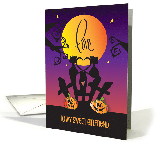 Halloween for Girlfriend with Two Love Cat Silhouettes on Fence card
