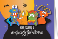 Monstrously Fun Halloween for Son with Colorful Monsters in Cauldron card