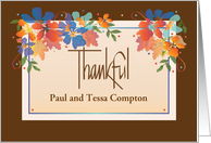 Hand Lettered Thankful at Thanksgiving Bright Florals with Custom Name card