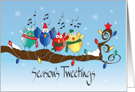Hand Lettered Christmas Birds Singing on Decorated Branch in Snow card
