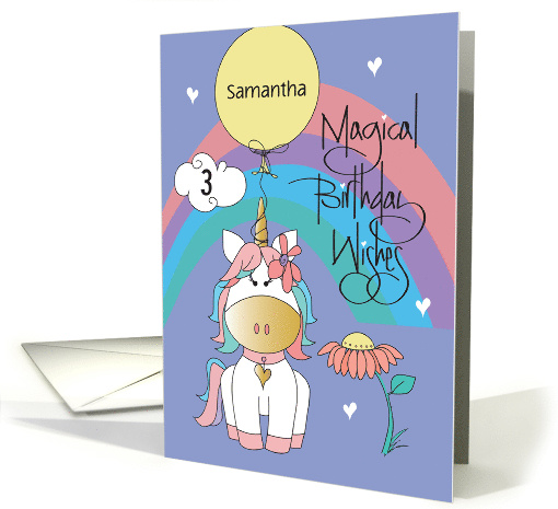 Magical Rainbow Unicorn Birthday for 3 Year Old with Custom Name card
