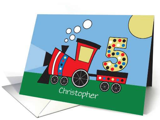 Birthday for 5 Year Old, Custom Name Train Engine Pulling Large 5 card