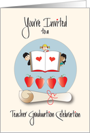 Invitation to Teacher Graduation Party with Kids and Books with Apples card