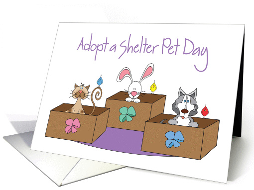 Adopt a Shelter Pet Day with Cat, Dog, Bunny and Birds in Boxes card