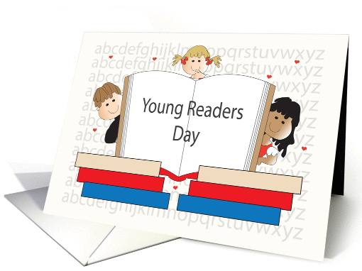 Young Readers Day, Three Kids with Open Book & Hearts card (1430940)