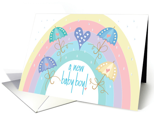 Hand Lettered Baby Boy Shower Rainbow with Umbrellas and Hearts card