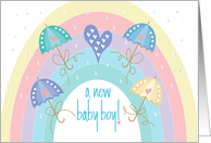 Hand Lettered Baby Boy Shower Rainbow with Umbrellas and Hearts card