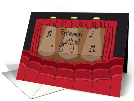 Retirement for Music Teacher, Stage with Notes and Curtains card