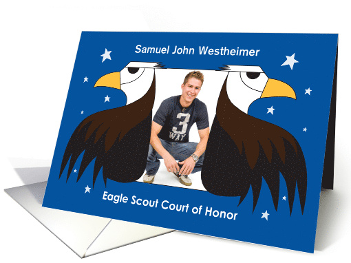 Becoming an Eagle Scout, Custom Photo & Name and 2 Eagles card
