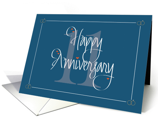11th Wedding Anniversary, Hand Lettering, Large 11 and Hearts card