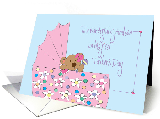 1st Father's Day for Grandson, Bear with Bow in Pink Bassinette card