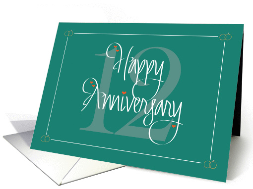 12th Wedding Anniversary, Hand Lettering, Large 12 and Hearts card