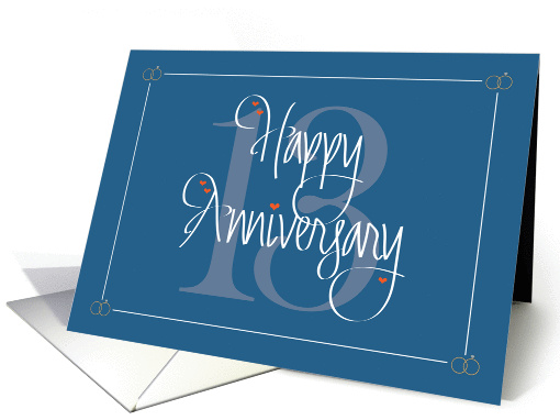 13th Wedding Anniversary, Hand Lettering, Large 13 and Hearts card