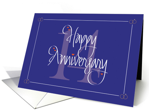 14th Wedding Anniversary, Hand Lettering, Large 14 and Hearts card