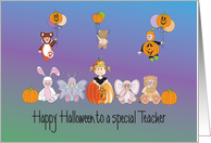 Halloween for Teacher, Costumed Kids and Balloons & Pumpkins card